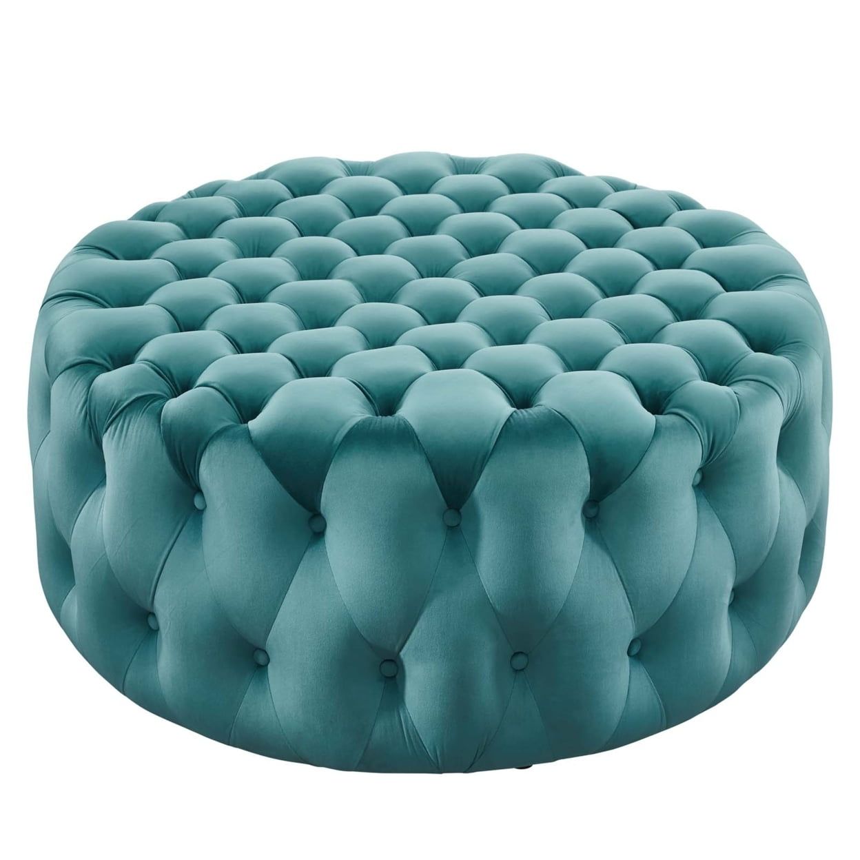 Amour Sea Blue Velvet Tufted Round Ottoman, 40"