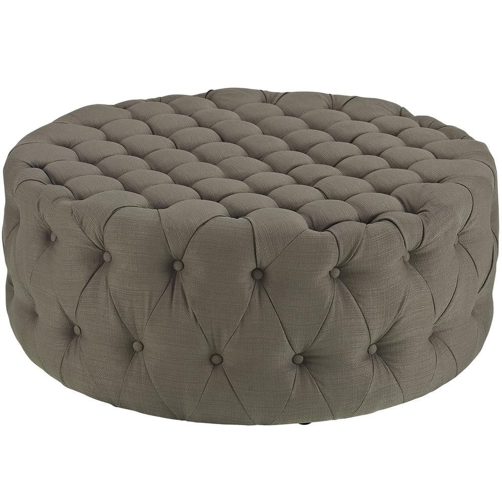 Granite Gray Tufted Round Upholstered Ottoman with Solid Wood Frame