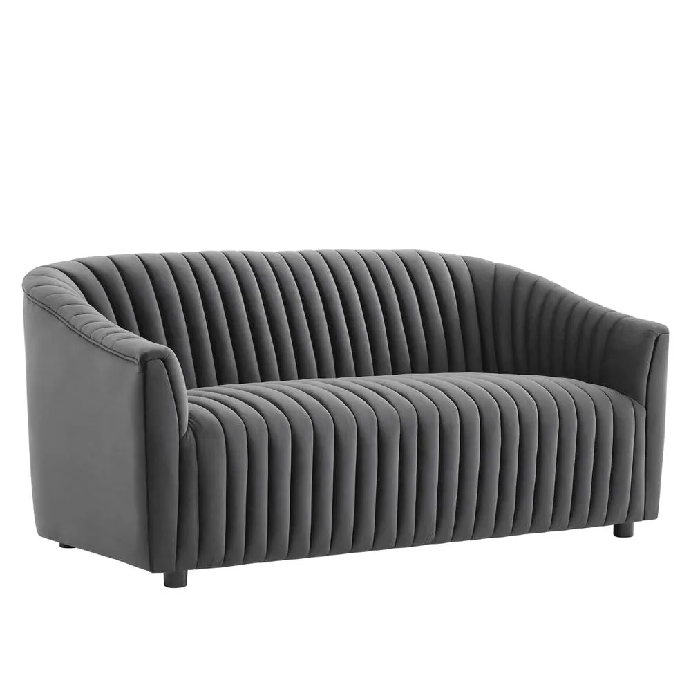 Charcoal Velvet Channel Tufted Loveseat with Dense Foam Padding