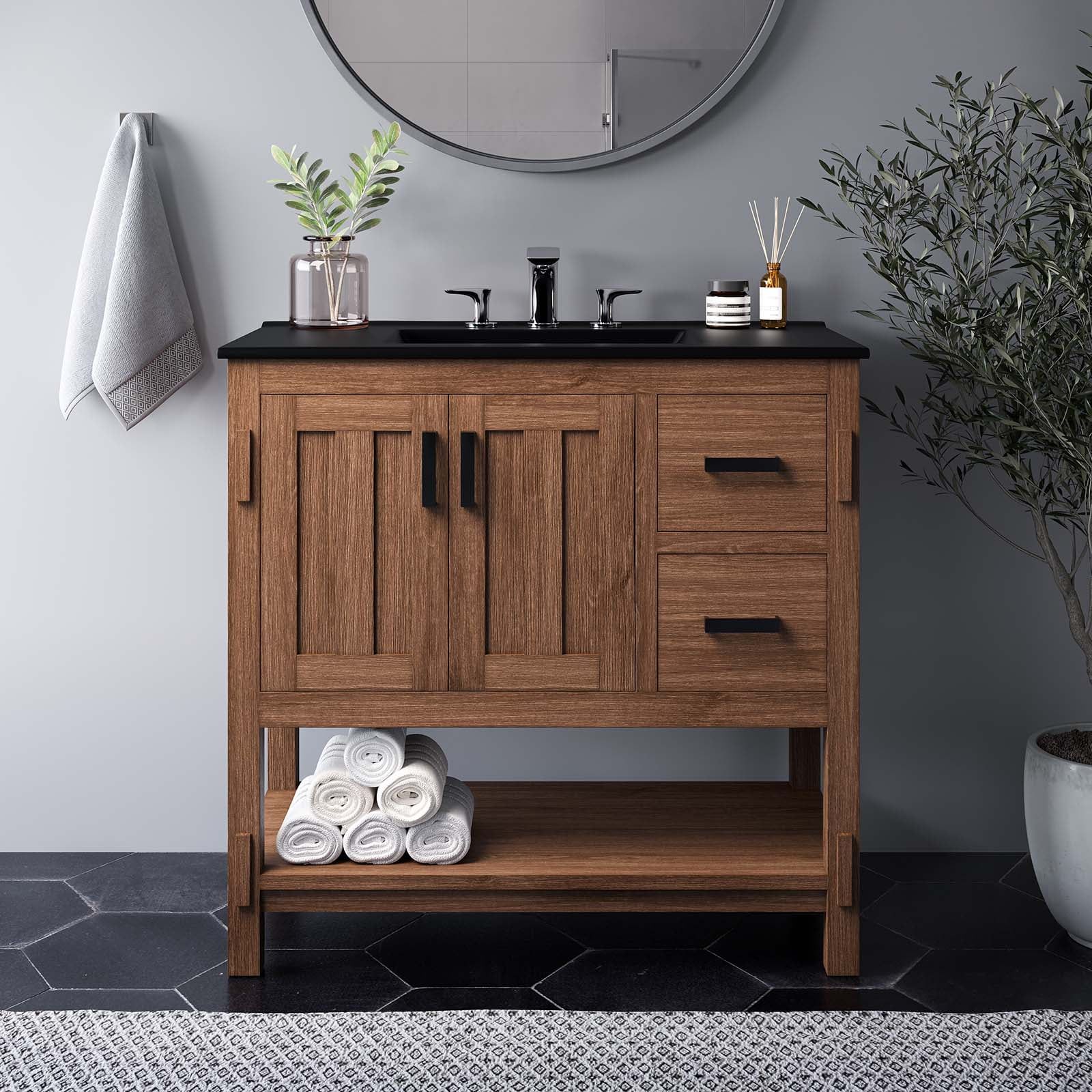 Ashlyn 36" Walnut Wood Bathroom Vanity Cabinet with Open Shelf