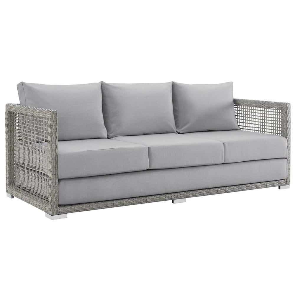 Aura 75'' Gray Wicker and Plastic Outdoor Sofa with All-Weather Cushions