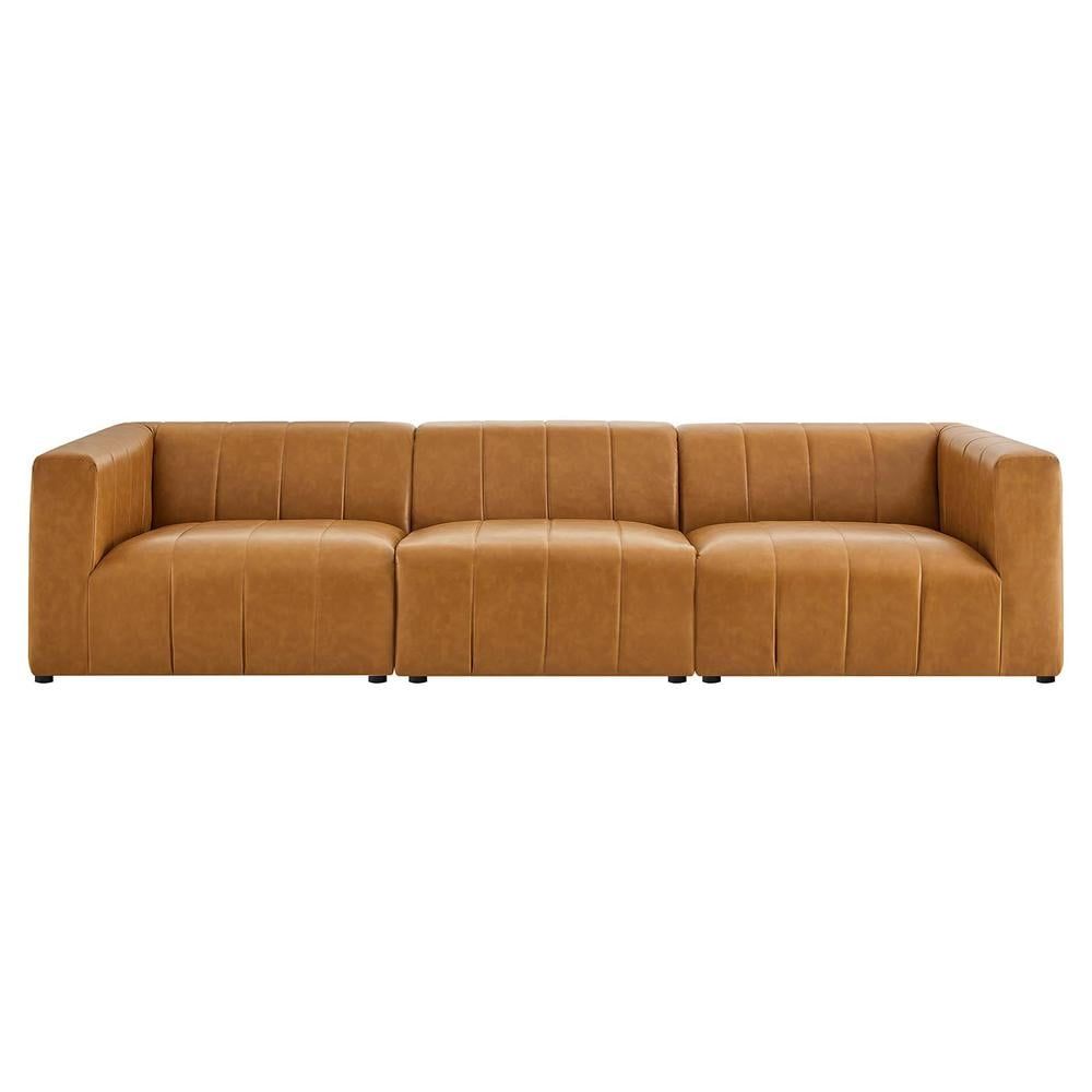 Tan Tufted Faux Leather Three-Piece Sofa with Ottoman