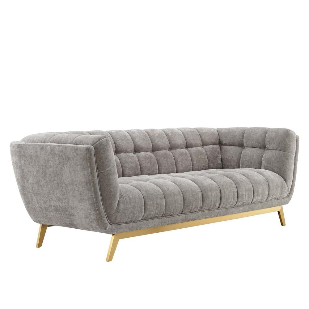 Elegant Tufted Light Gray Velvet Sofa with Brushed Gold Legs