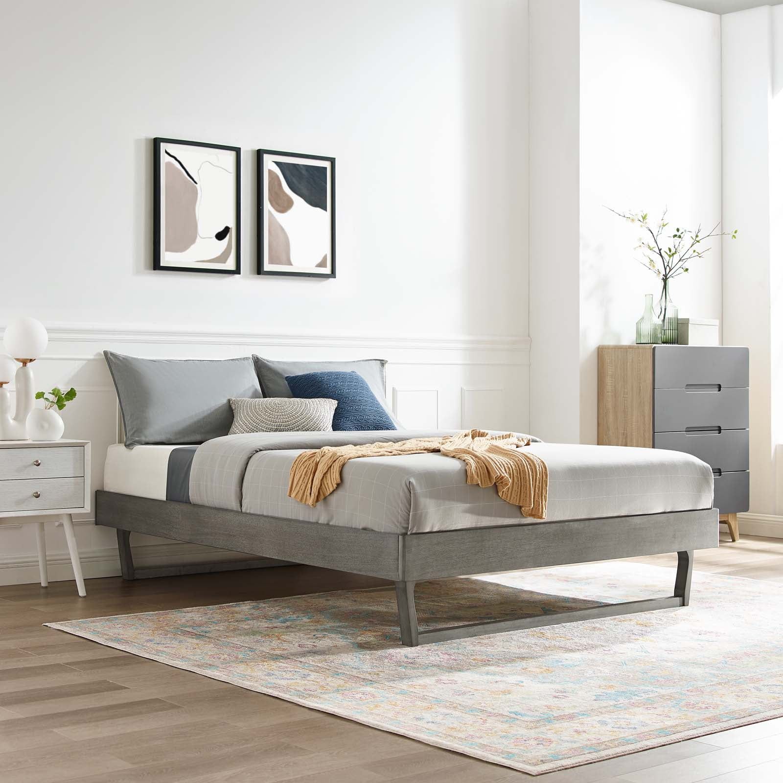 Mid-Century Modern Gray Full Platform Bed with Wood Frame and Headboard