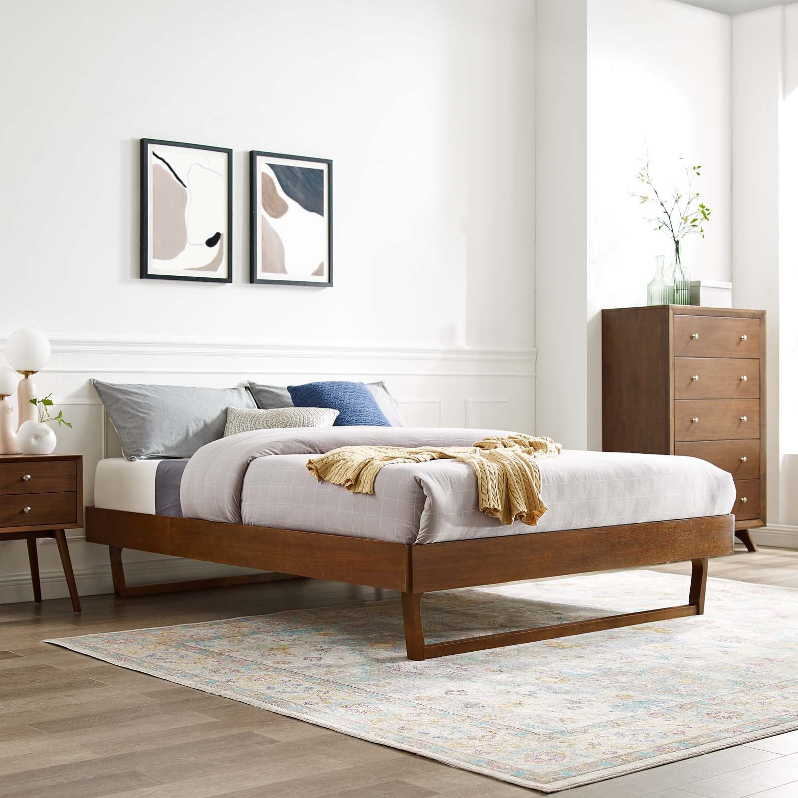 Mid-Century Walnut Twin Platform Bed with Wood Slat Support