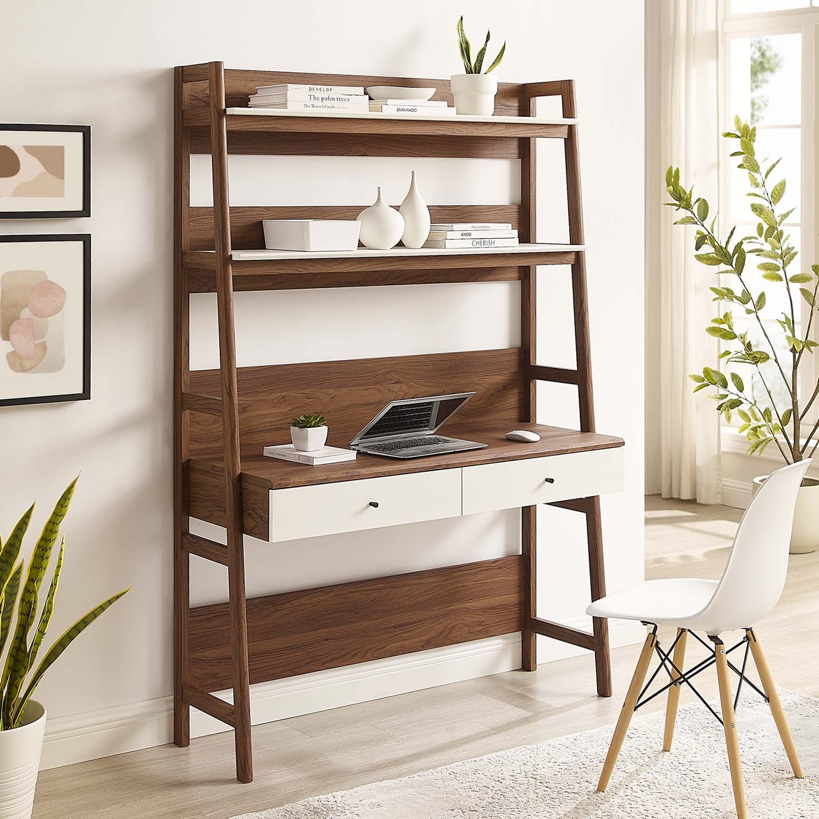 Walnut White Wood Office Desk with Bookshelf and Drawer