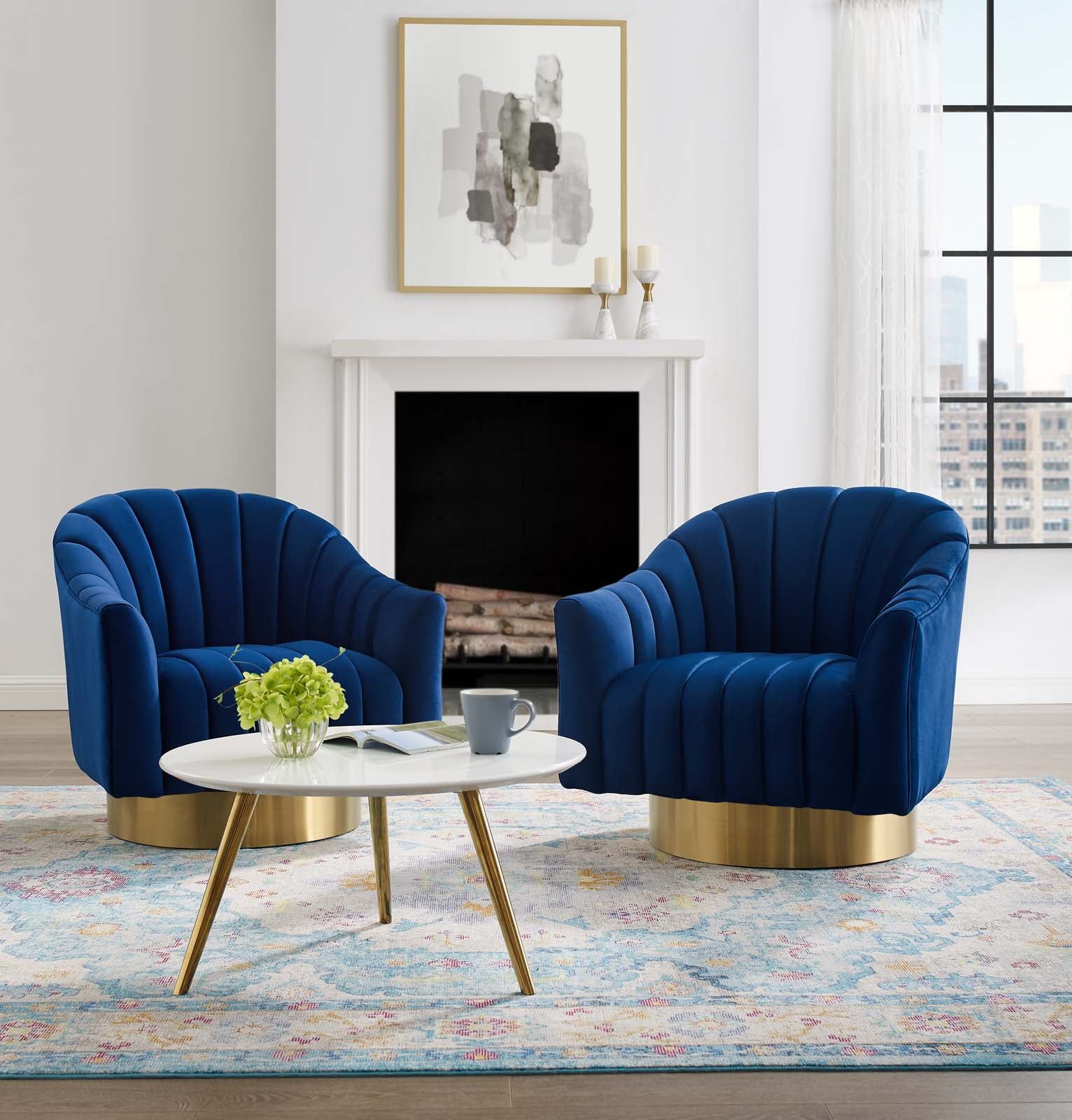 Buoyant Navy Velvet Swivel Accent Chair with Gold Stainless Steel Base