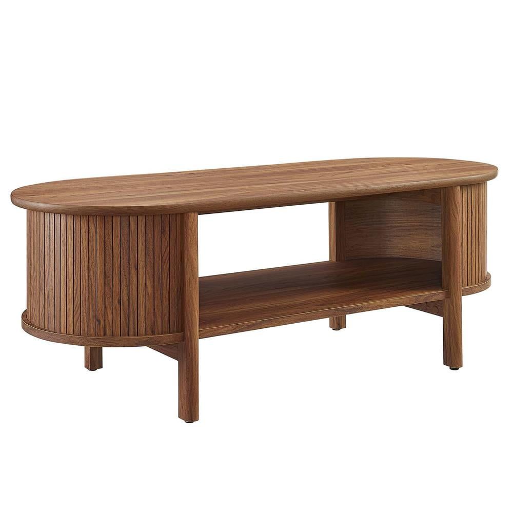 Walnut Oval Coffee Table with Open Storage and Fluted Sides