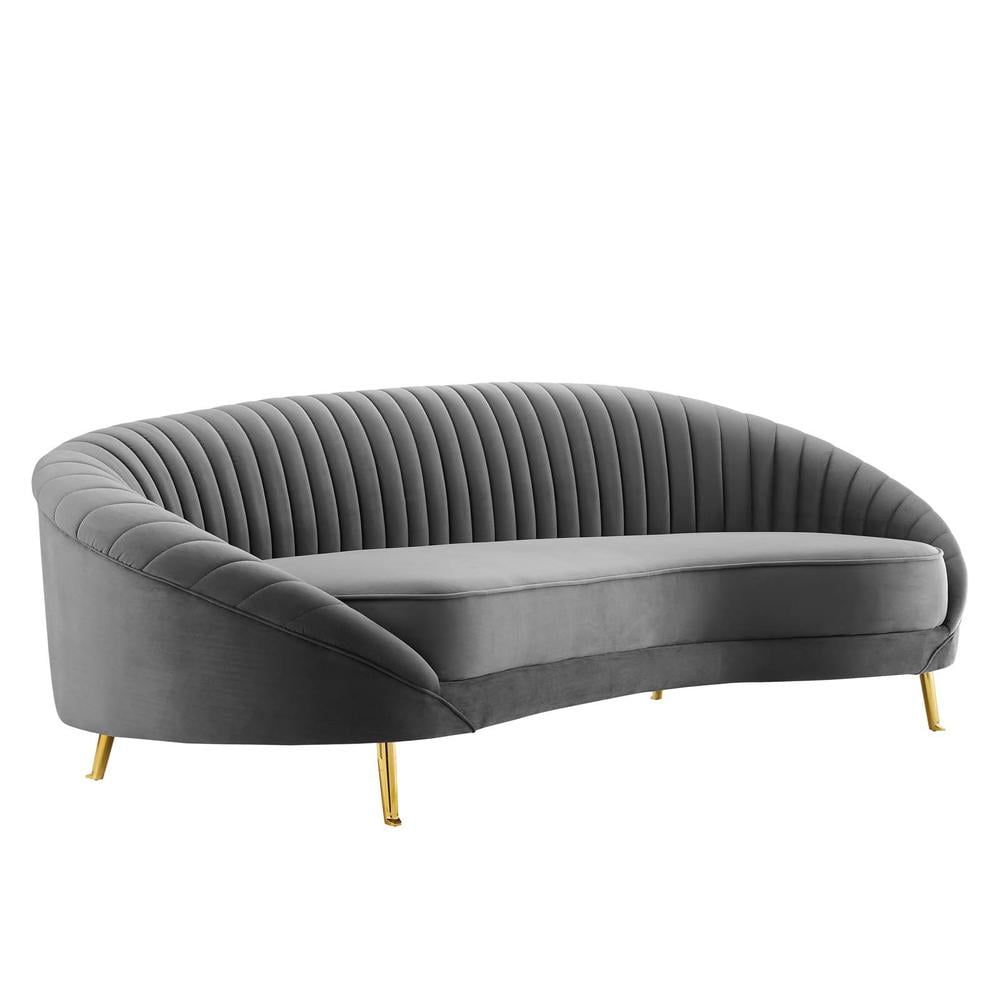 Gray Velvet Channel Tufted 97" Sofa with Gold Legs