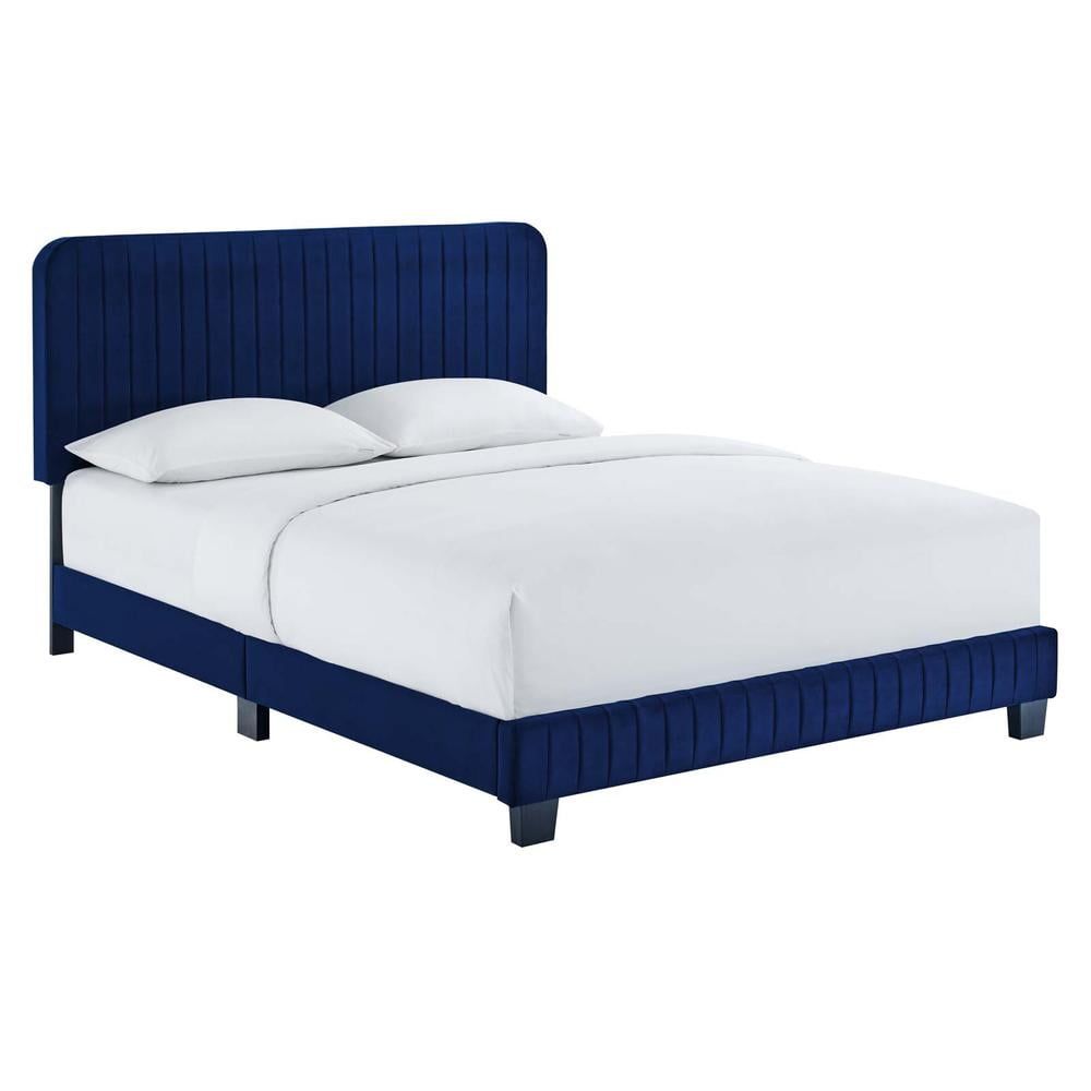 Navy Velvet Full Platform Bed with Tufted Headboard