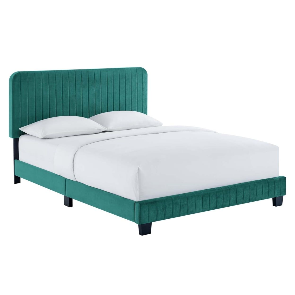 Luxe Glam Deco Teal Velvet Full Platform Bed with Channel Tufting