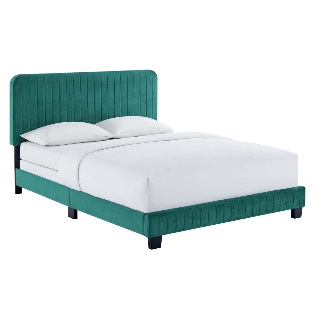 Teal Velvet Tufted Upholstered King Bed with Wood Frame