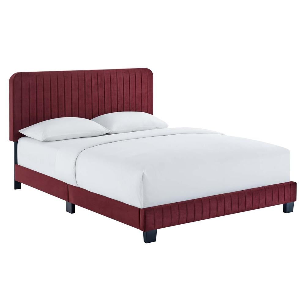 Maroon Velvet Tufted King Platform Bed with Wood Frame