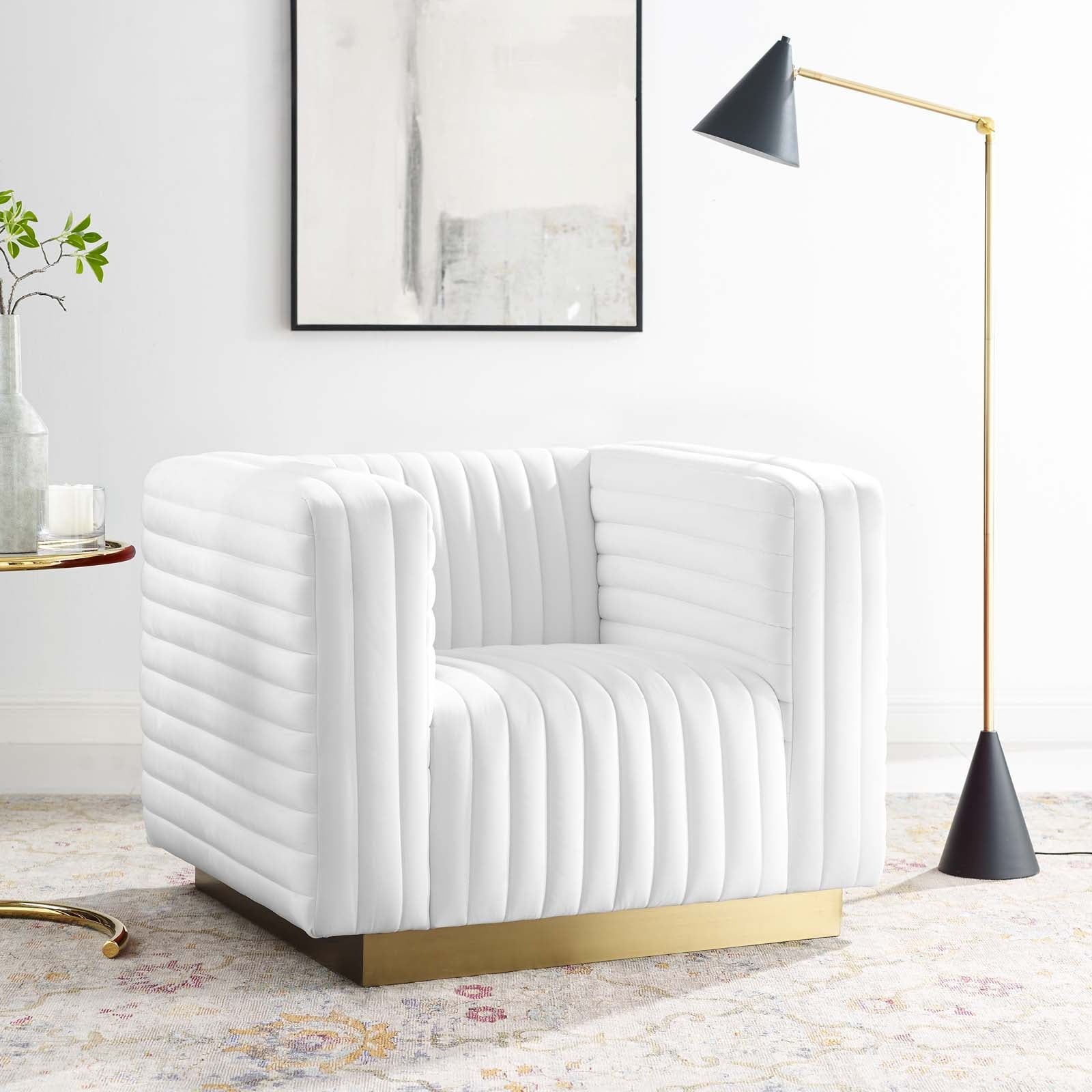 White Velvet Channel Tufted Accent Chair with Gold Base