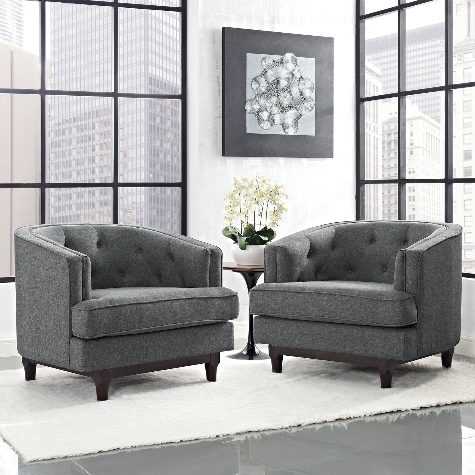 Gray Barrel Armchairs with Walnut Wood Legs, Set of 2