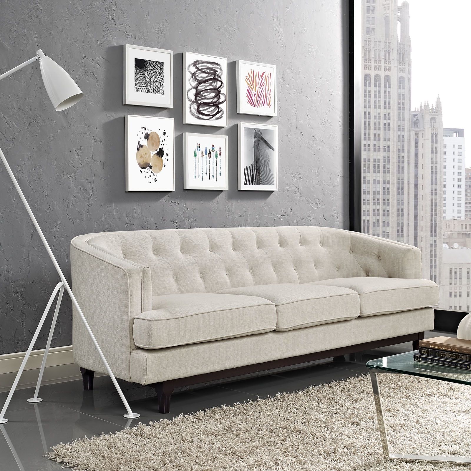 Beige Tufted Fabric Sofa with Walnut Wood Base