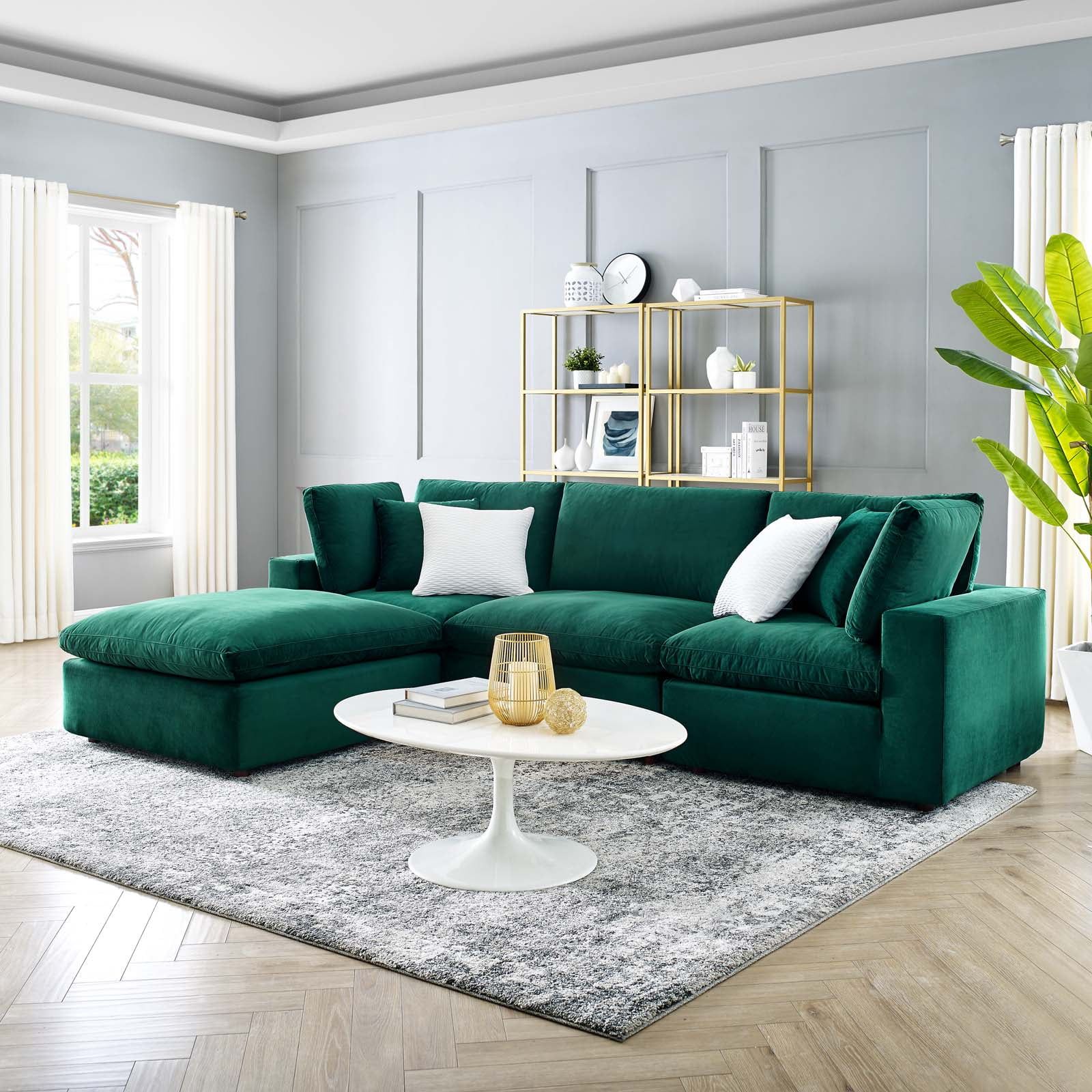 Green Velvet 4-Piece Sectional Sofa with Ottoman