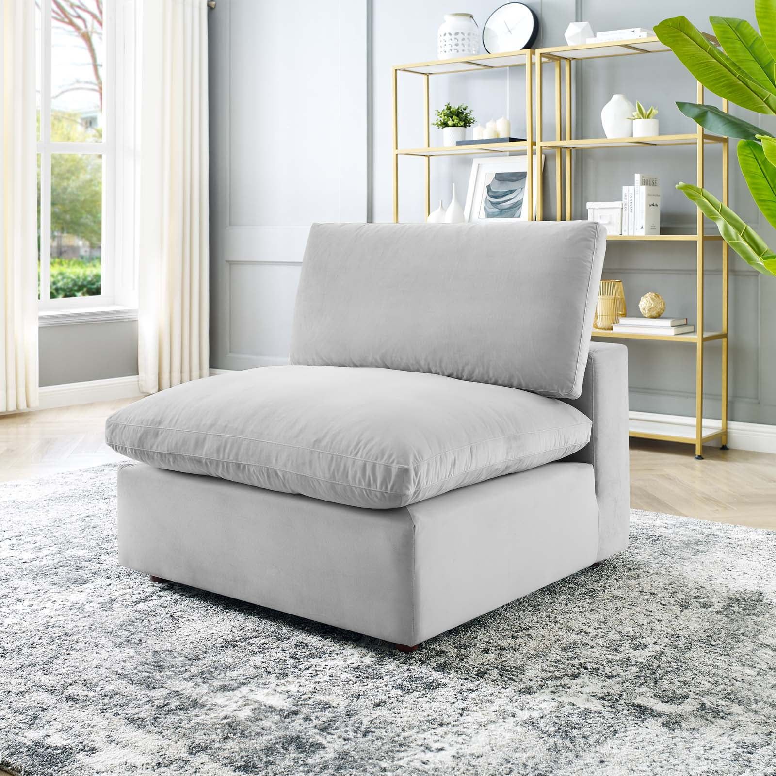 Plush Light Gray Velvet Armless Chair with Solid Wood Base