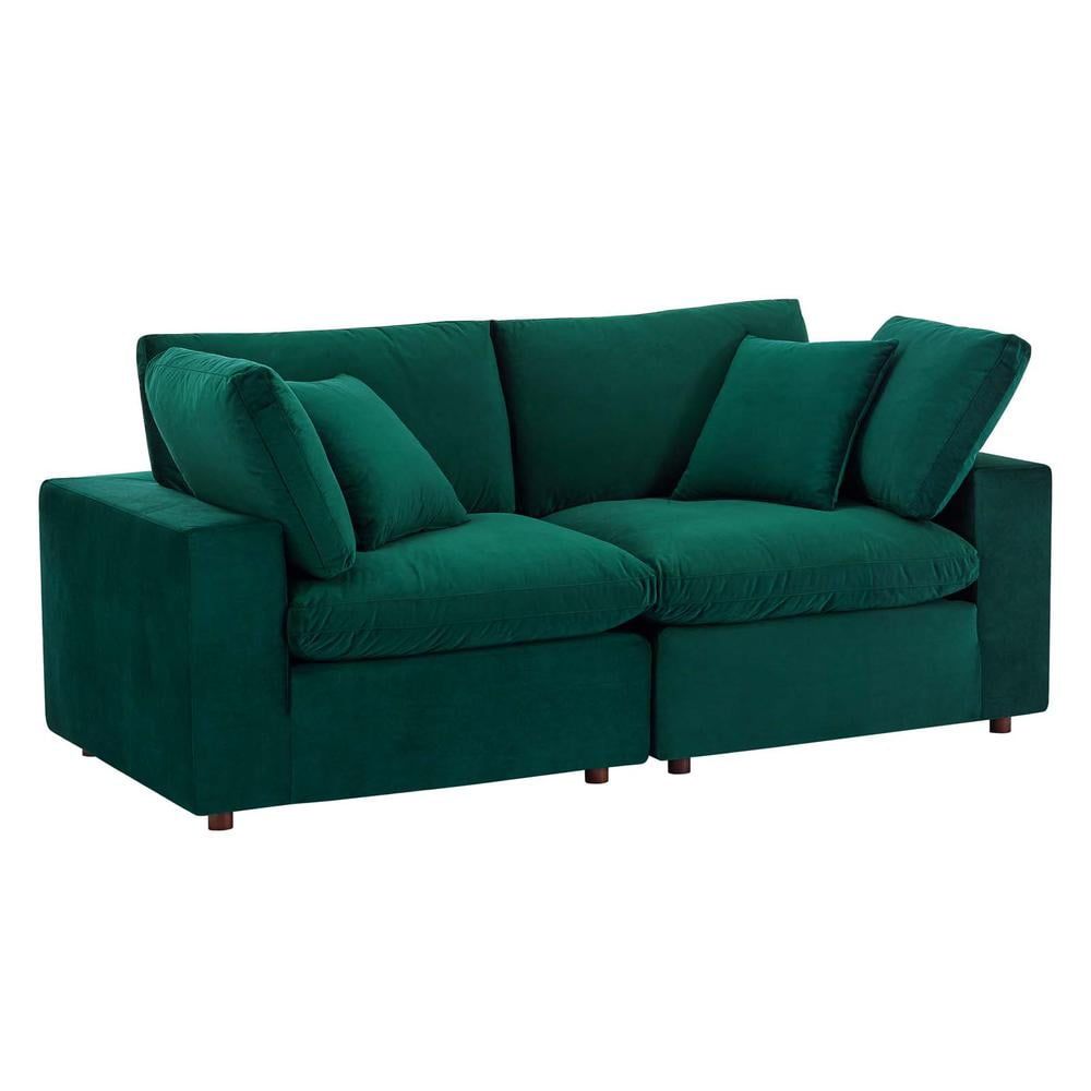 Green Velvet Track Arm Loveseat with Down Fill Cushions