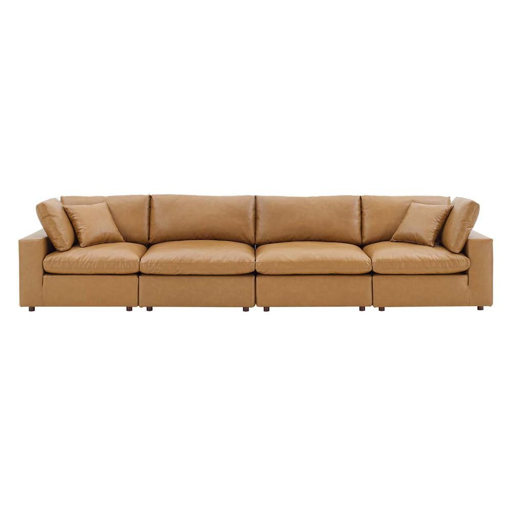 Tan Faux Leather Four Piece Sofa with Down Fill Cushions