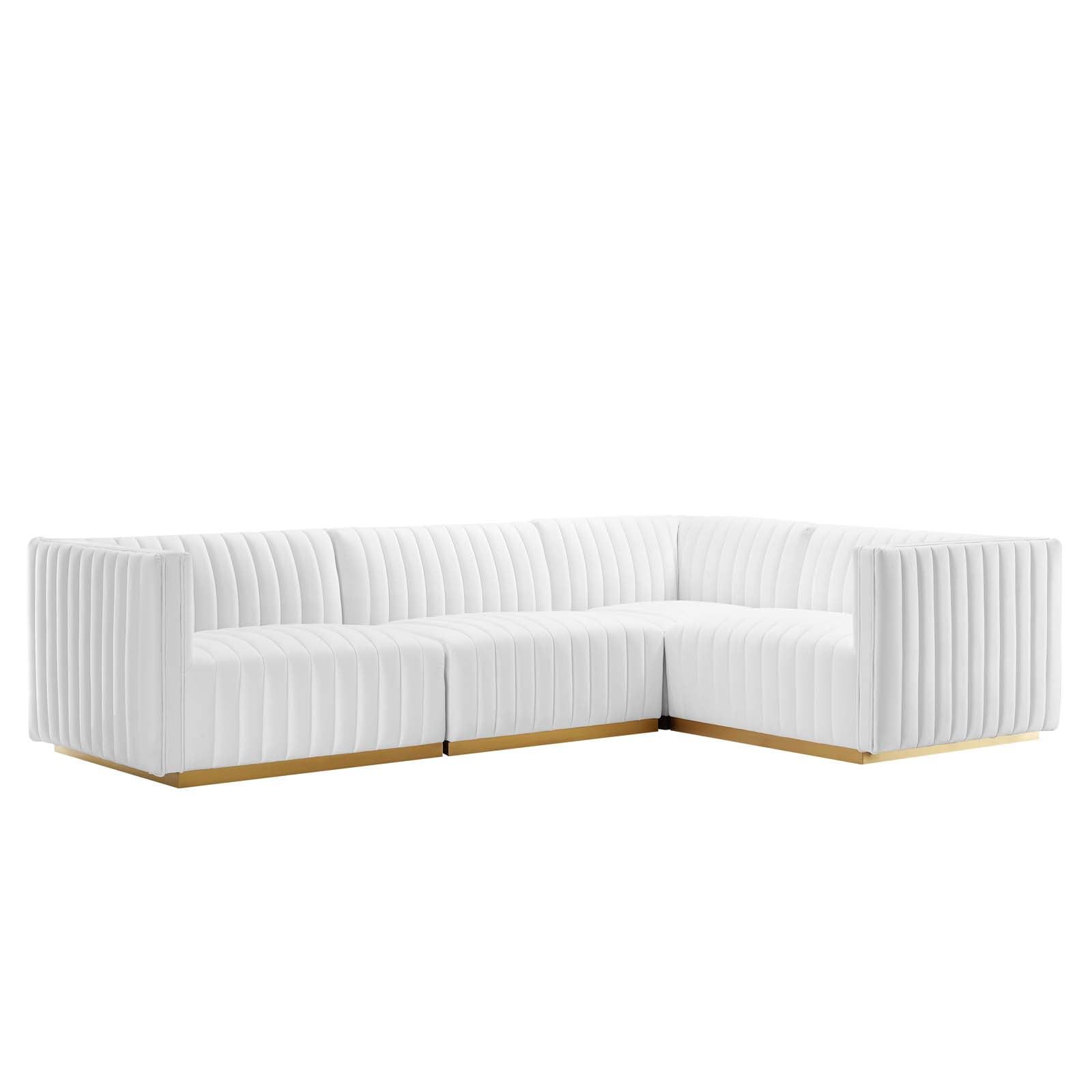 Gold White Tufted Velvet 4-Piece Sectional Sofa with Wood Base