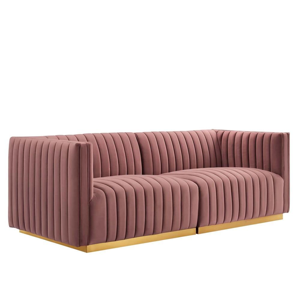 Gold Dusty Rose Velvet Tufted Track Arm Loveseat, 73"