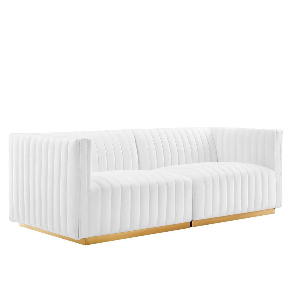 Vintage Inspired Gold White Velvet Tufted Loveseat with Wood Base