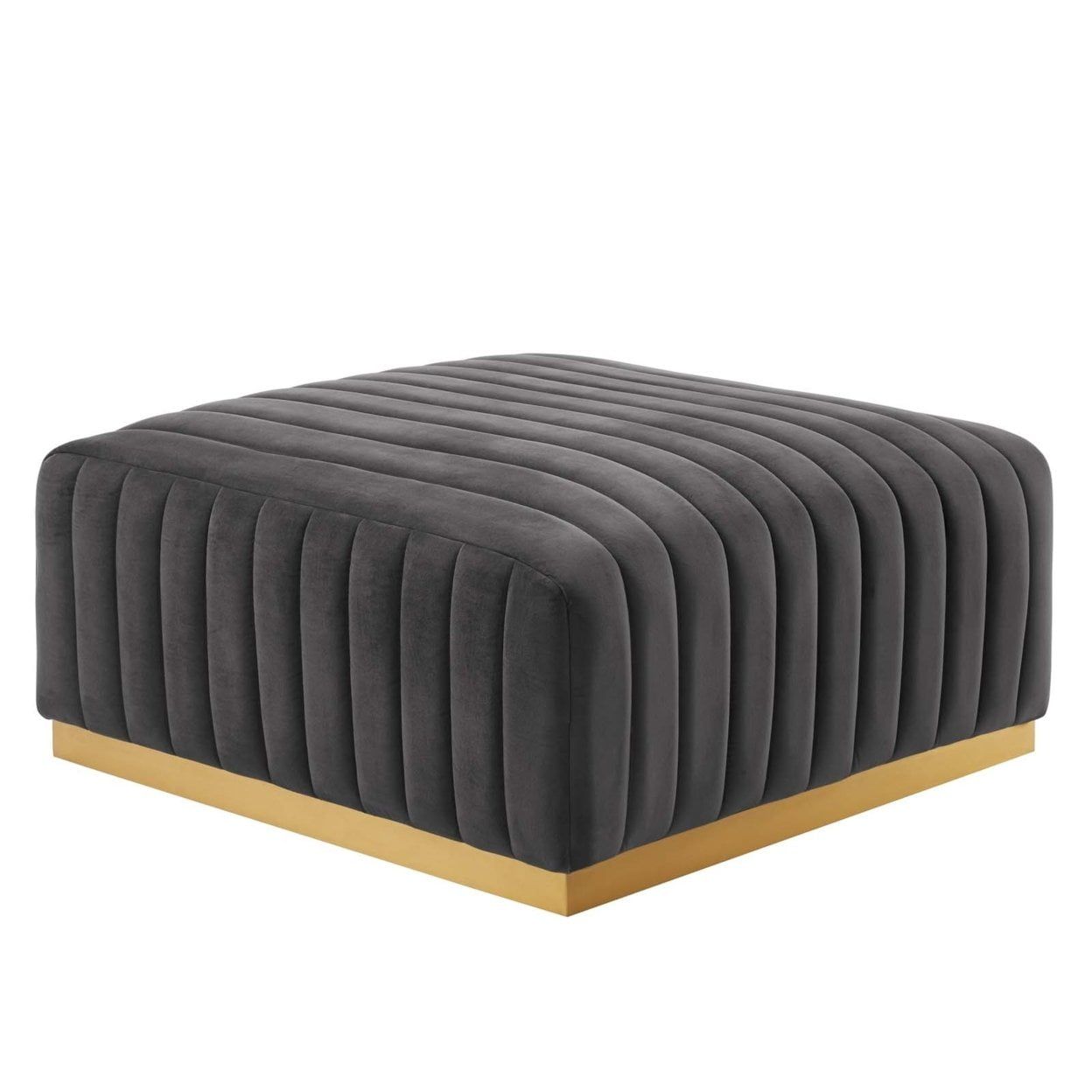 Gray and Gold Velvet Tufted Ottoman with Stainless Steel Base