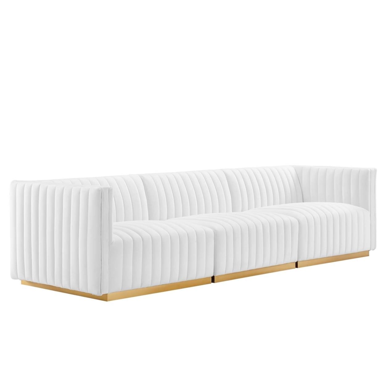 White Velvet Tufted Sofa with Gold Base, 119"