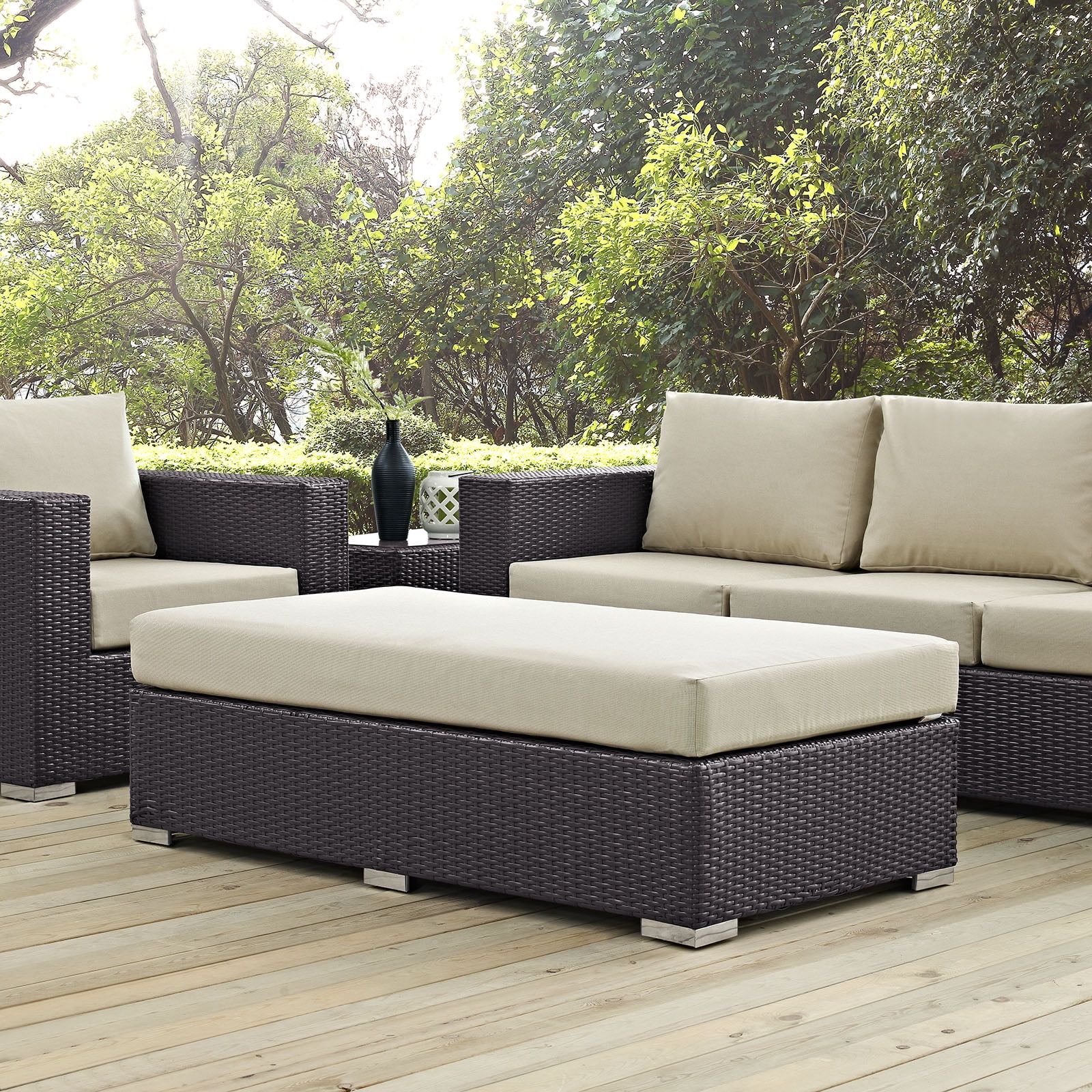 Espresso Beige Rectangular Rattan Patio Ottoman with Fabric Cushion