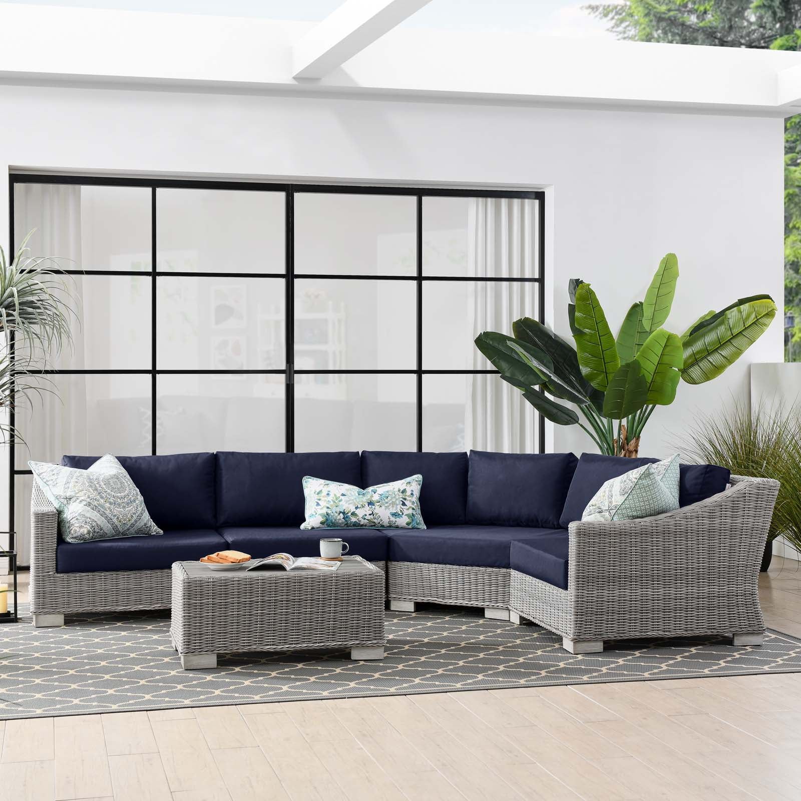 Light Gray Navy Wicker Rattan 5-Piece Outdoor Sectional Sofa Set