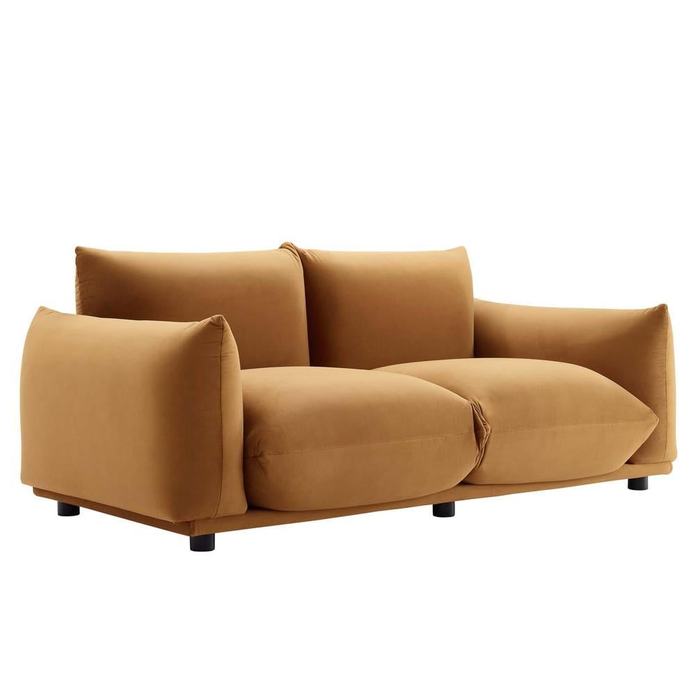 Cognac Velvet Overstuffed Loveseat with Rubberwood Legs