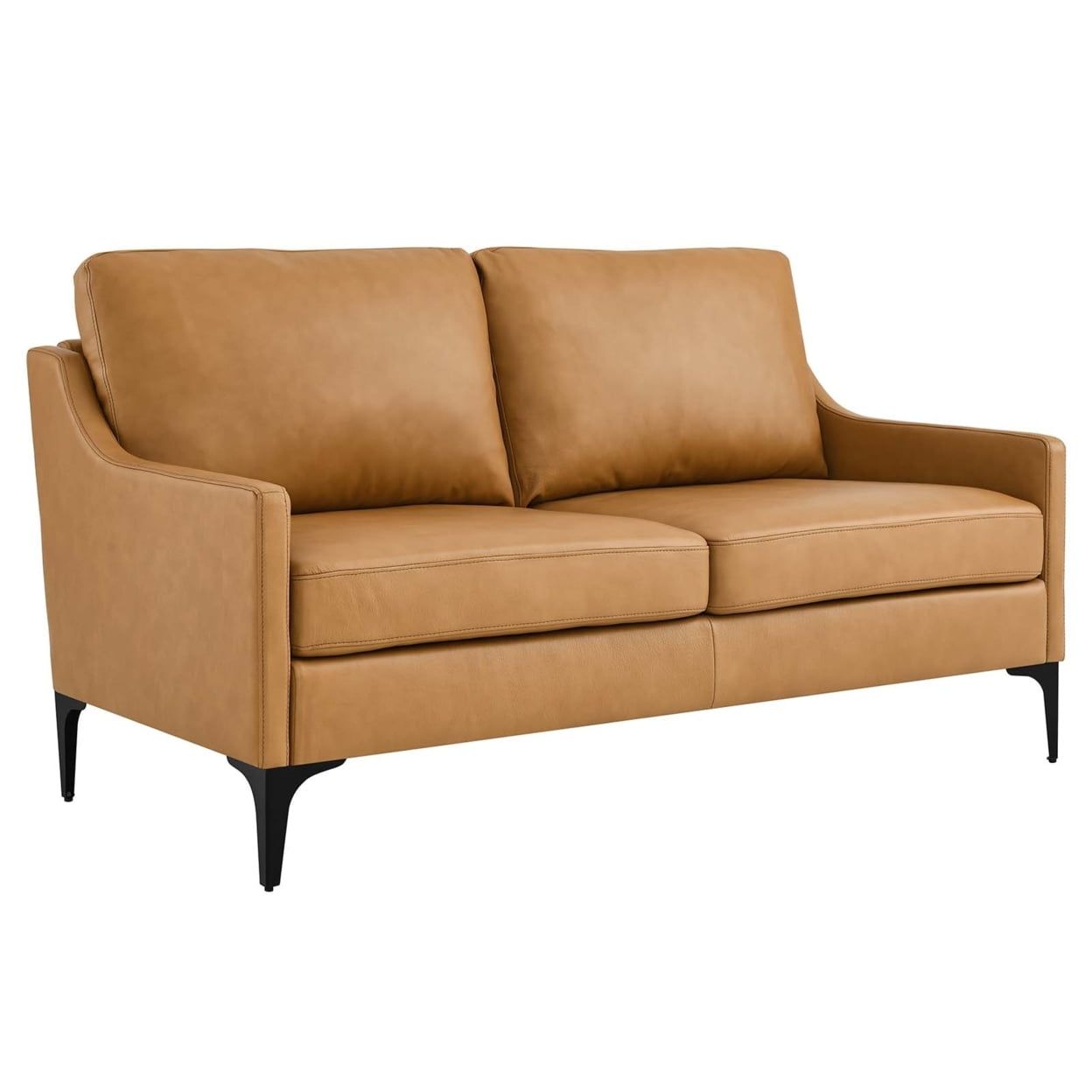 Tan Mid-Century Modern Faux Leather Loveseat with Wood Accents