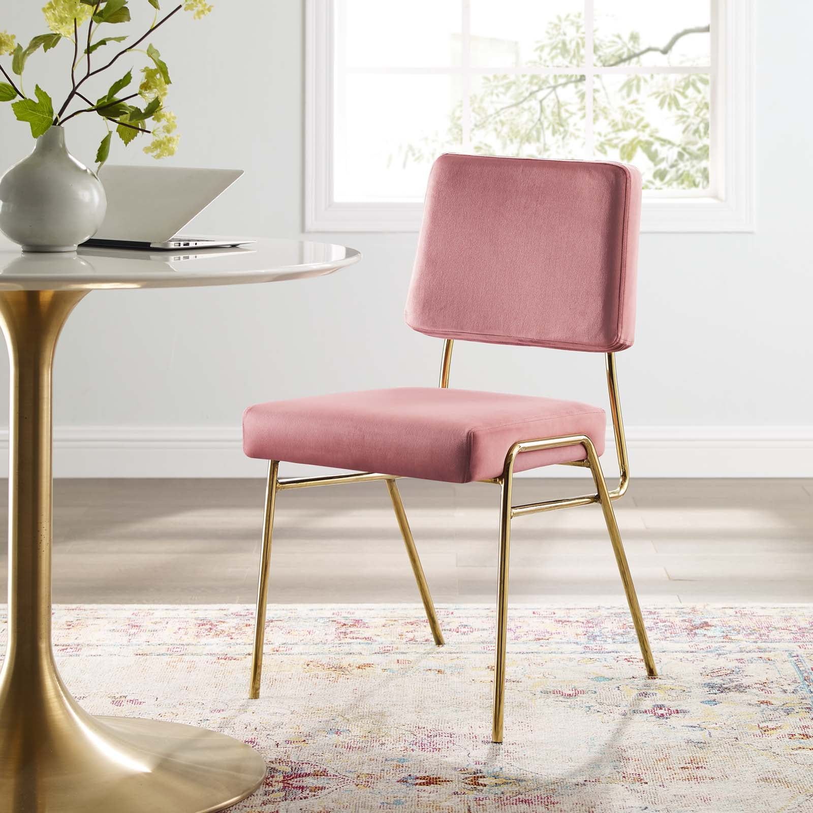 Gold Dusty Rose Velvet Upholstered Side Chair with Metal Frame