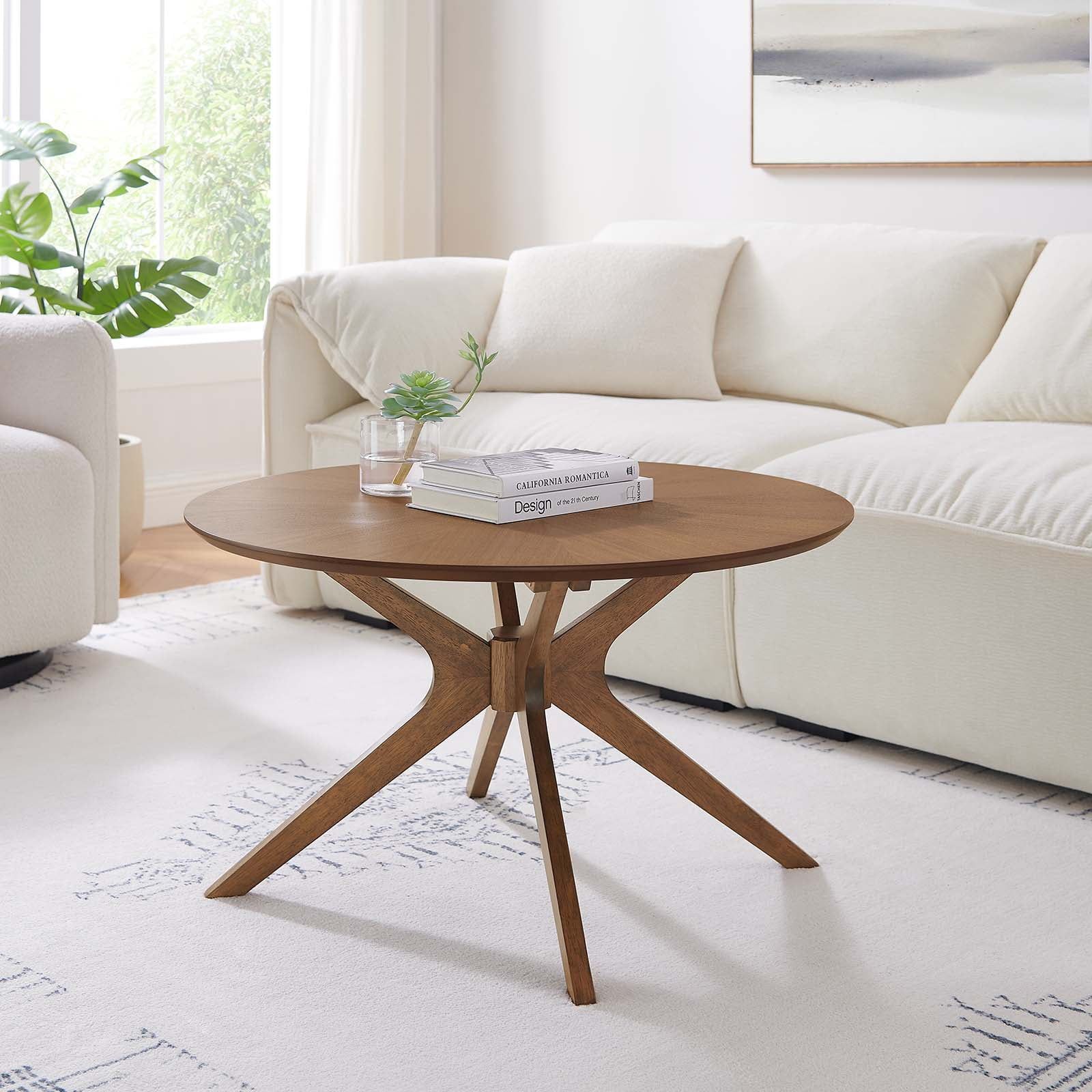 Mid-Century Walnut Round Wood Coffee Table with Intersecting Base