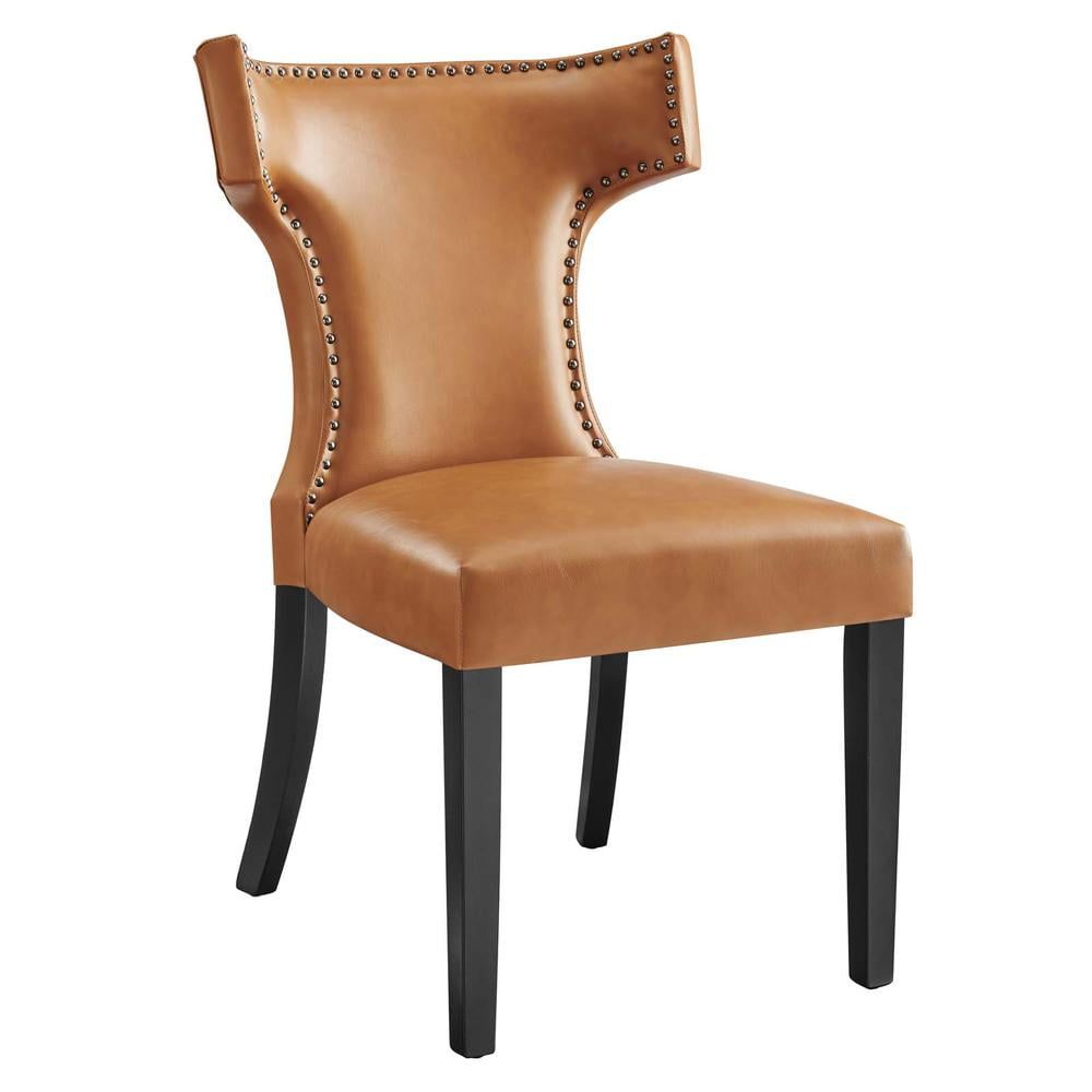 Tan Vegan Leather Upholstered Side Chair with Wood Legs