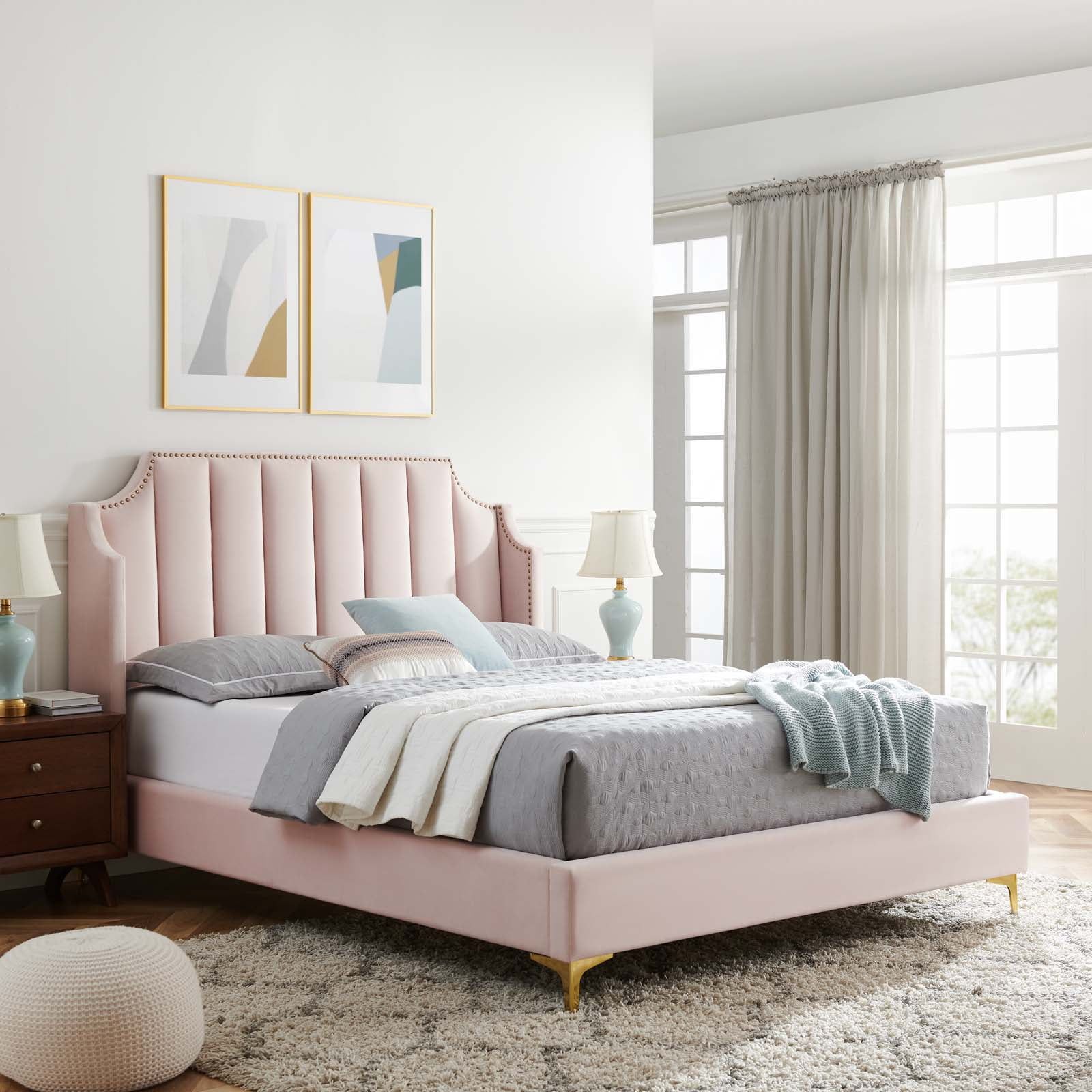 Pink Velvet Queen Platform Bed with Tufted Headboard and Nailhead Trim