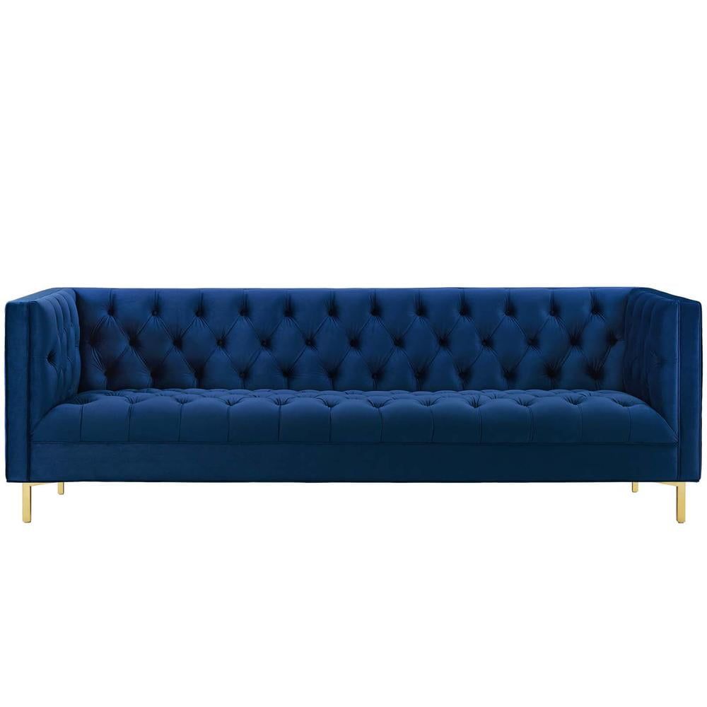 Delight Navy Velvet Tufted Button Luxe Sofa with Gold Legs