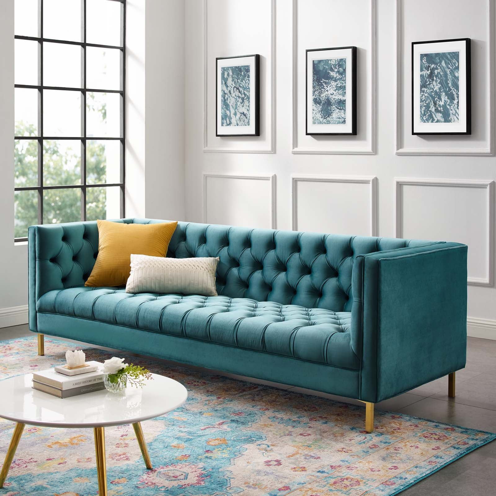 Delight 89.5'' Sea Blue Tufted Performance Velvet Sofa with Gold Legs