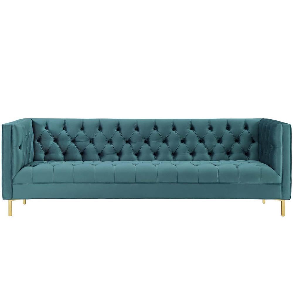 Delight 89.5'' Sea Blue Tufted Performance Velvet Sofa with Gold Legs