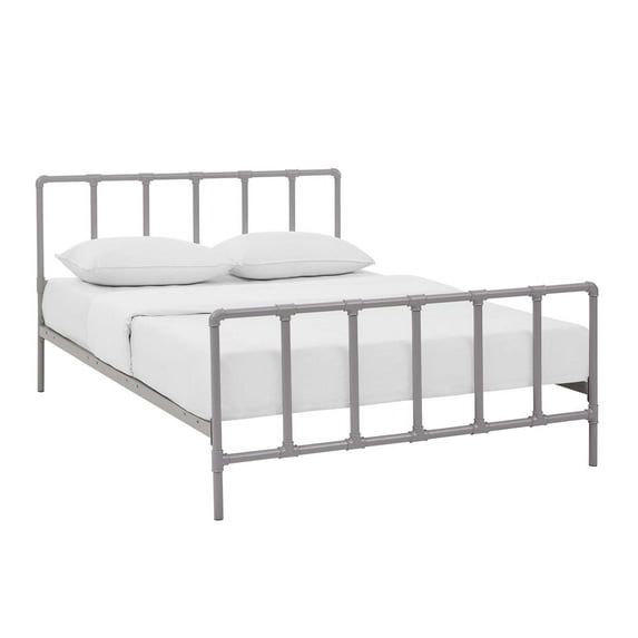 Gray Queen Metal Frame Platform Bed with Headboard and Slats