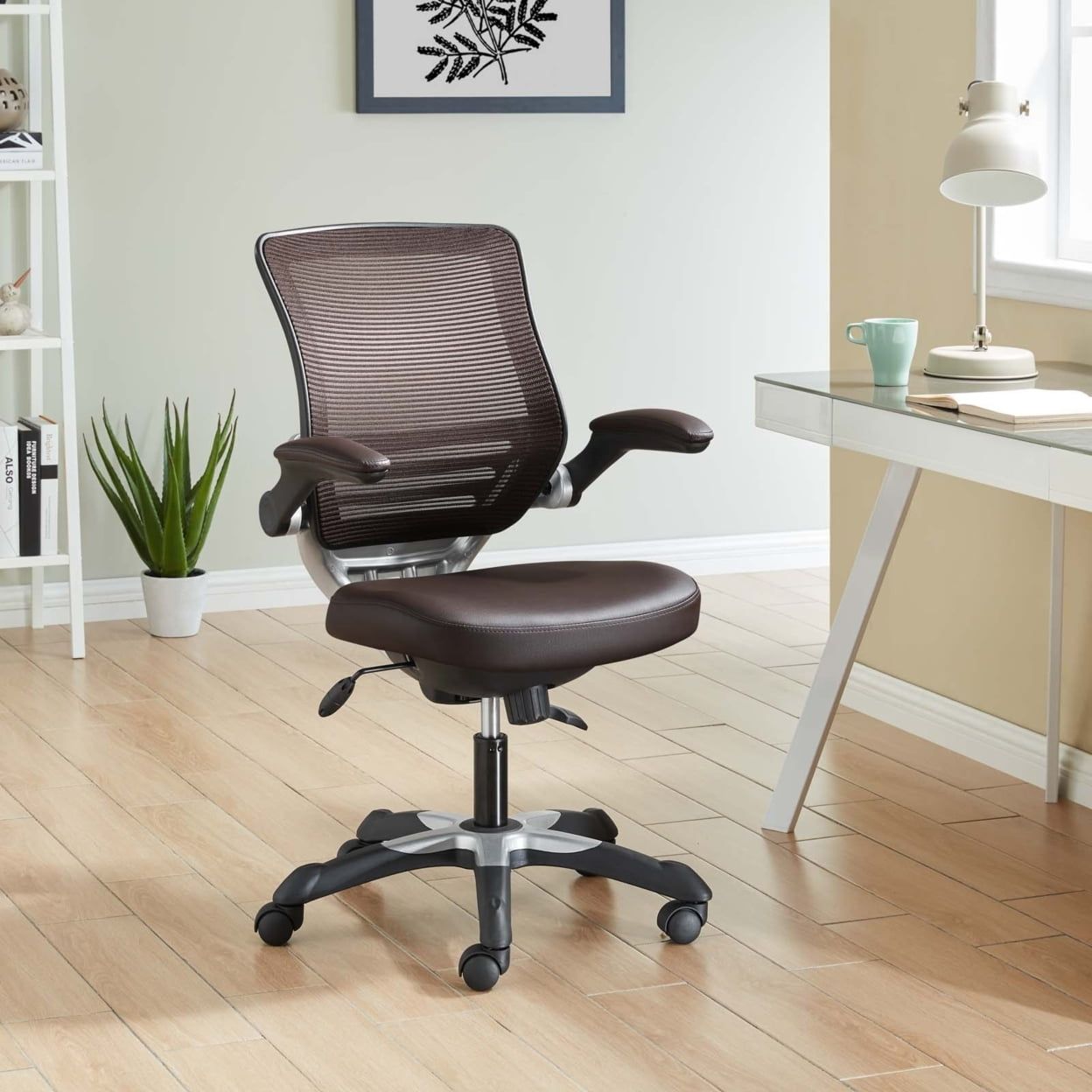 ErgoComfort Brown Leatherette Swivel Task Chair with Adjustable Arms