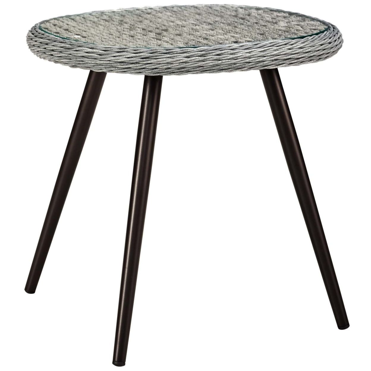 Contemporary Gray Synthetic Rattan & Glass Outdoor Side Table