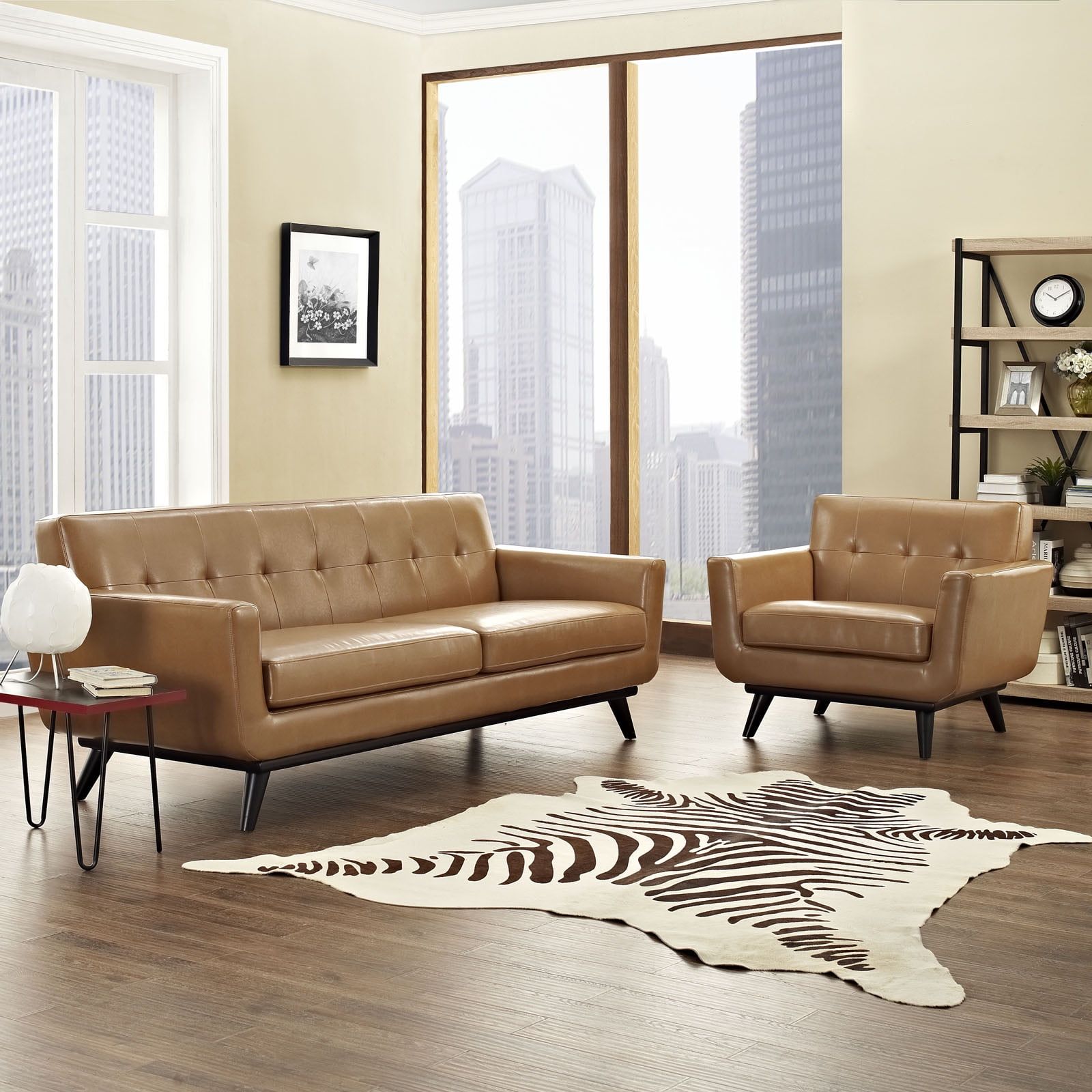 Tan Leather 2-Piece Living Room Set with Rubber Wood Legs