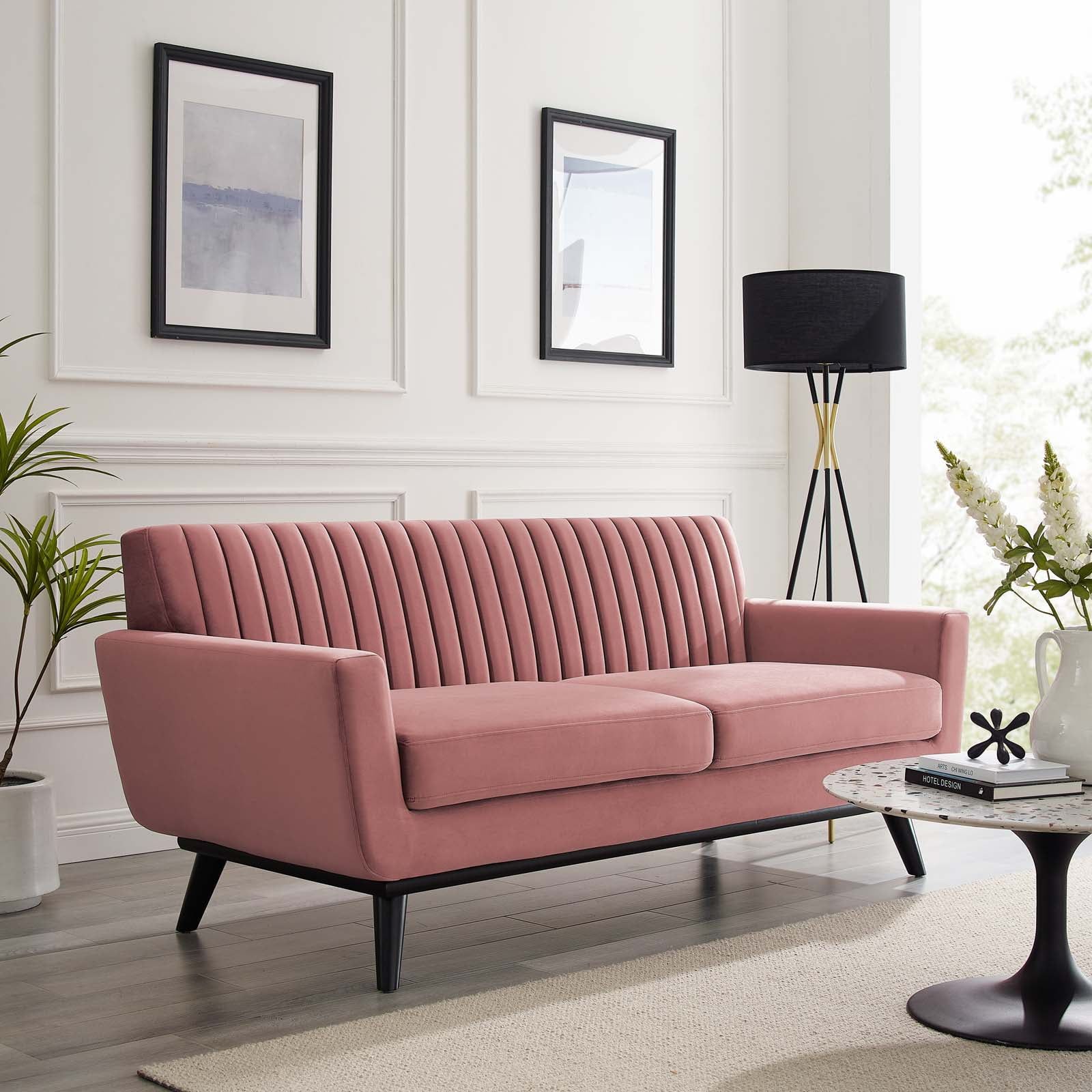 Dusty Rose Velvet Tufted Loveseat with Track Arms and Wood Legs