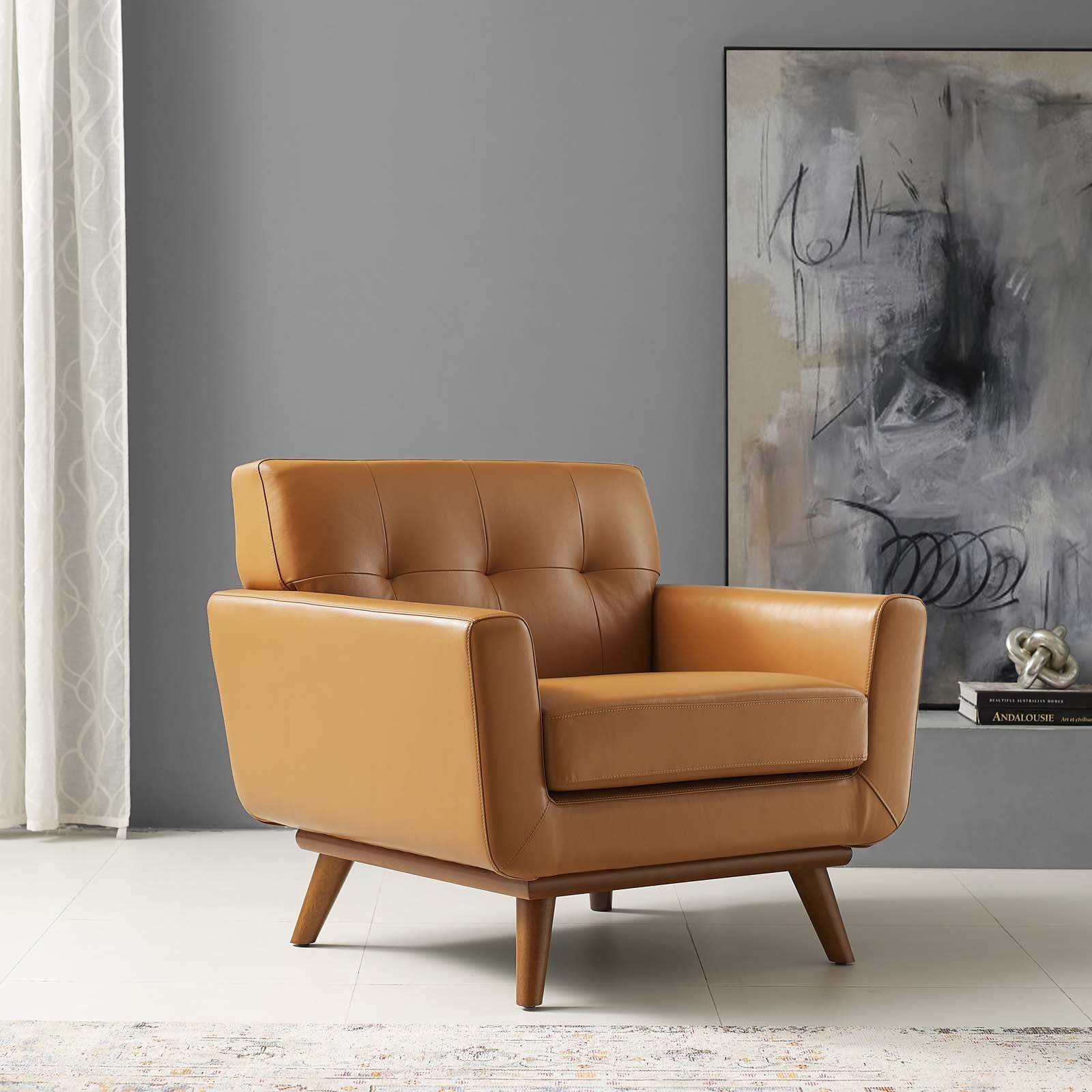 Mid-Century Modern Tan Top-Grain Leather Accent Chair with Wood Legs