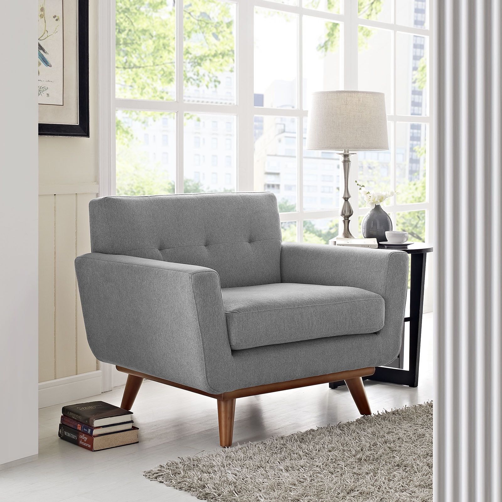 Expectation Gray Plush Upholstered Accent Chair with Cherry Wood Legs
