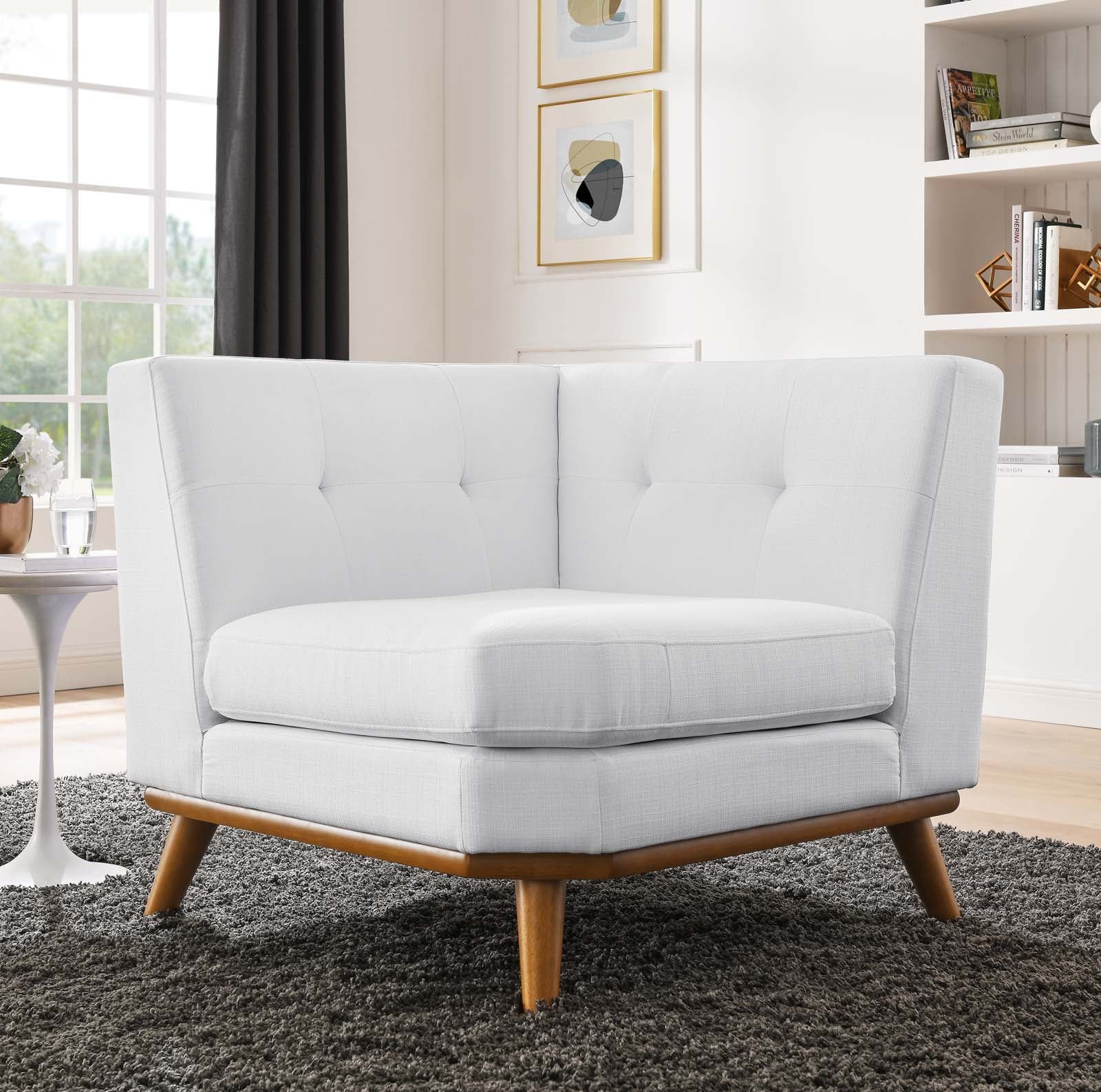 White Upholstered Fabric and Wood Corner Chair with Tufted Buttons