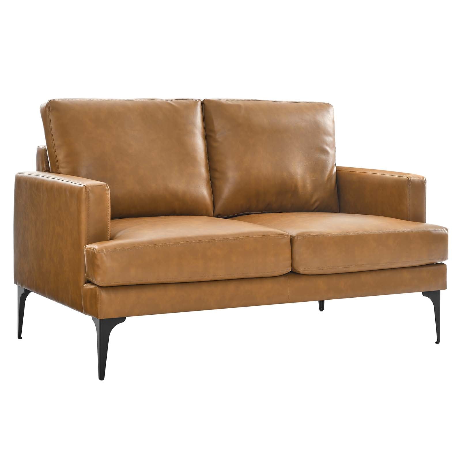 Tan Faux Leather Loveseat with Track Arms and Wood Legs