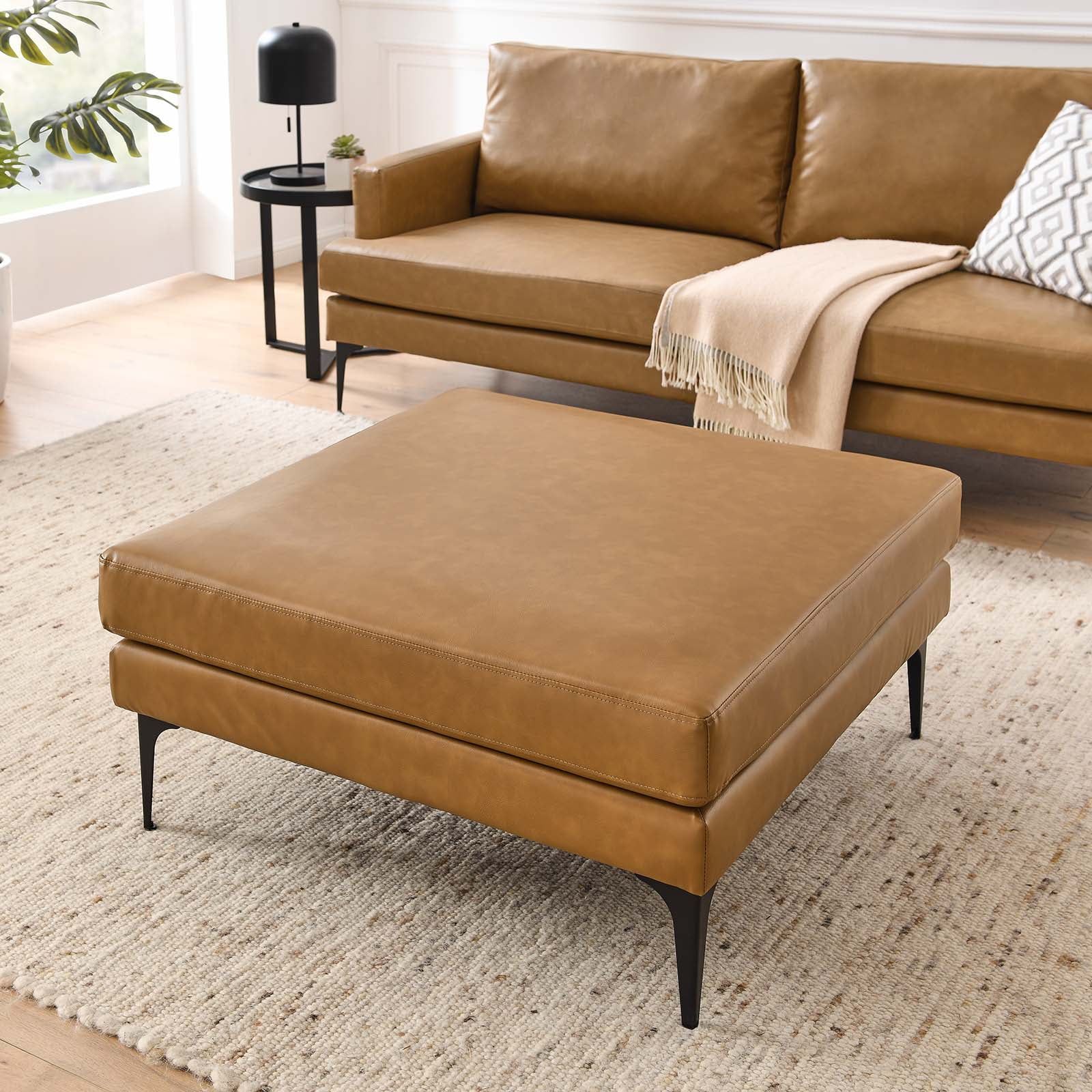 Tan Vegan Leather Square Ottoman with Metal Legs